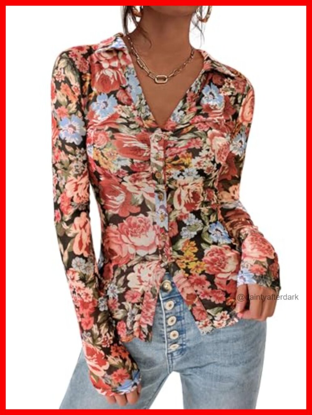 PRETTYGARDEN Women's Mesh Floral Button Down V-Neck Blouse Long Sleeve